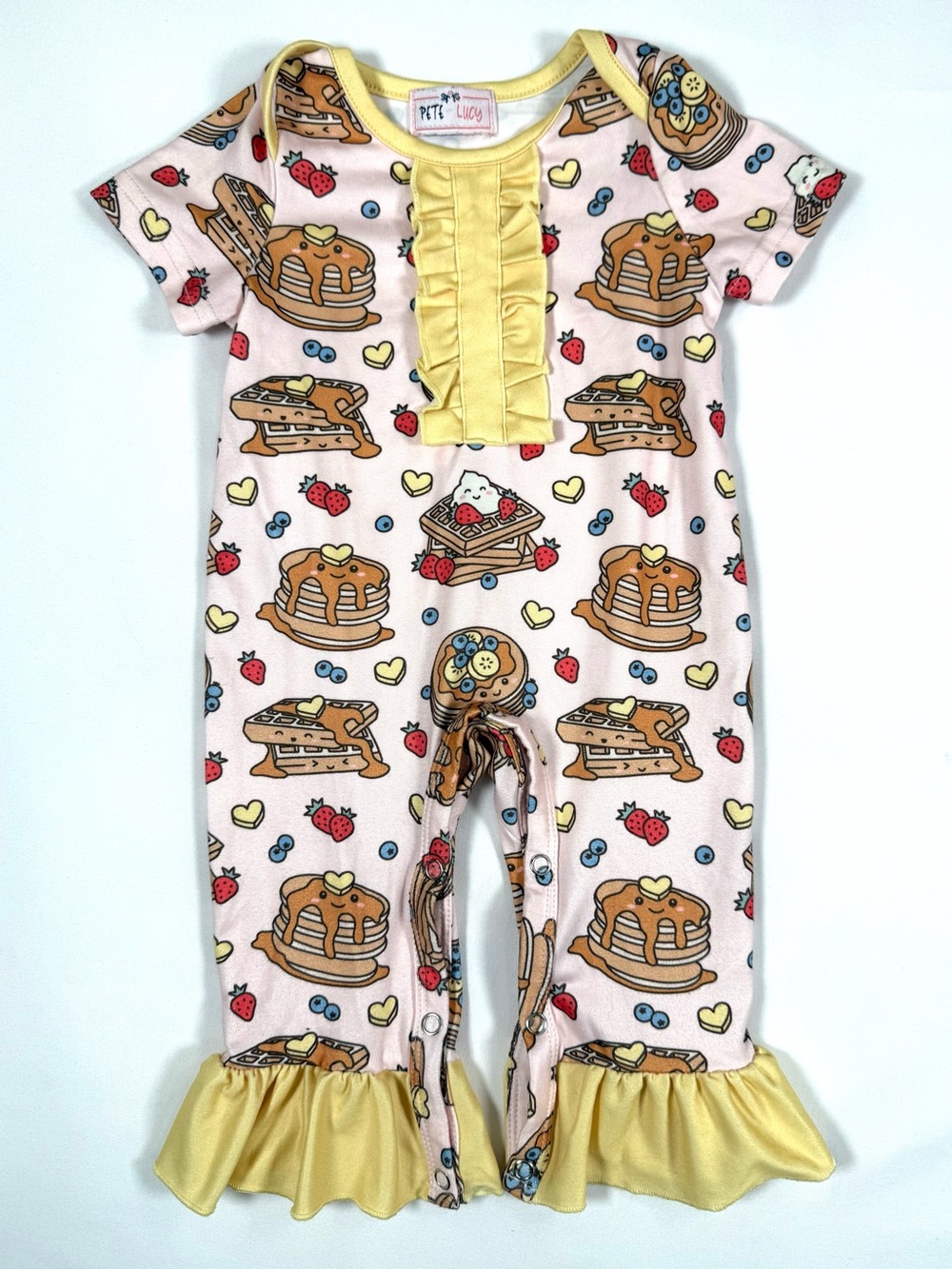 PETE + LUCY Girls Pancake Waffle Breakfast Ruffle Romper 0-3M Cottagecore Kawaii